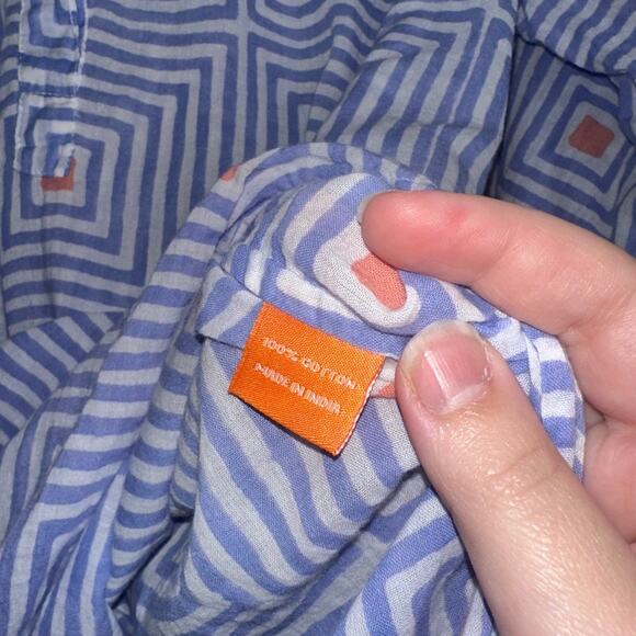 Oliphant Blue White Geometric Cotton Popover Tunic Top Roll Tab Sleeve Medium - Picture 5 of 6